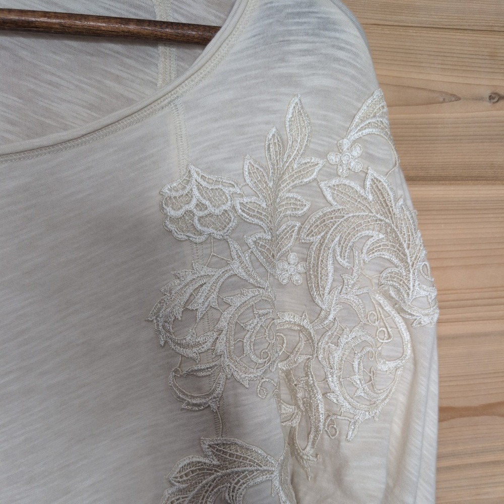 Sundance Cream Cotton Slub Lace Applique Long Sleeve Top Grey Cuffs Womens L - Picture 4 of 9